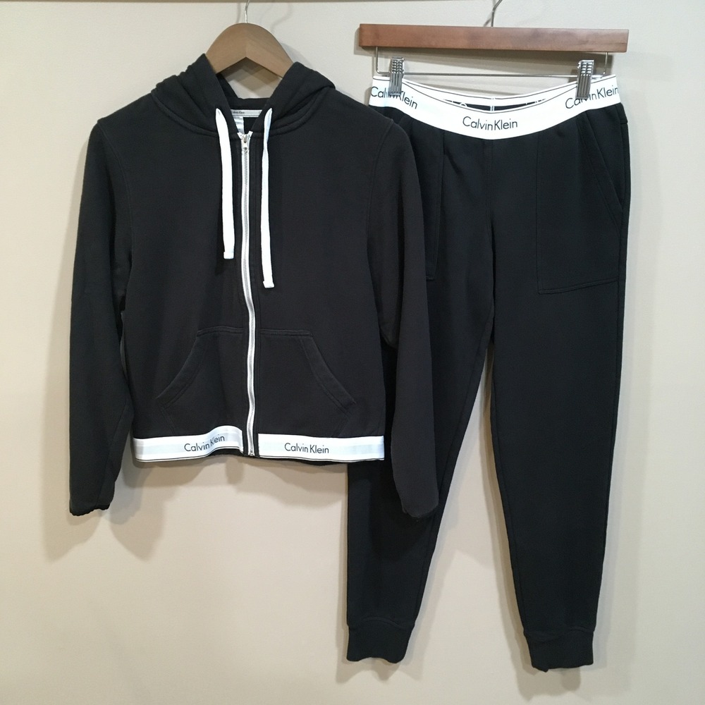Calvin Klein Logo Hoodie Jogger Set Womens S/M Black Athletic Lounge Streetwear